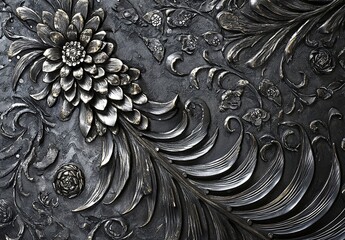 Elegant Dark Gray Floral 3D Relief Texture Background Ornamental Silver Gold Vintage Style Decorative Design Element Luxury Pattern Wall Art home rich