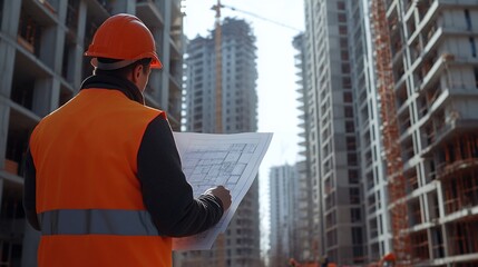 Obraz premium Construction worker reviewing blueprints at a high-rise building site