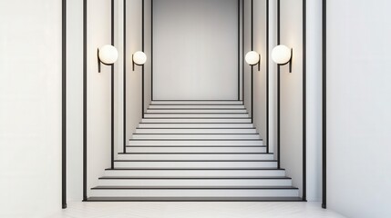 Obraz premium Luxury home minimalist and exclusive, A minimalist staircase with black lines and round light fixtures creates a modern architectural aesthetic.