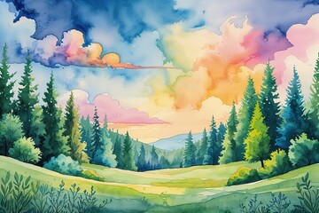 Vibrant Watercolor Forest Landscape with Playful Gradient Sky for Family Reunion Invitations and Creative Memories