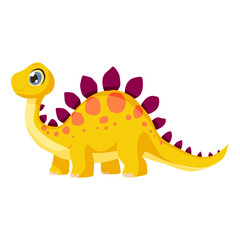 A yellow dinosaur with purple spots and pink stripes. It has a smile on its face. The dinosaur is standing on a white background