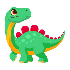 A green dinosaur with red and yellow spots is standing on a white background. The dinosaur has a happy expression on its face