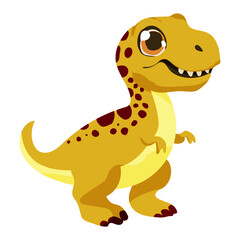 A cartoon dinosaur with a big smile on its face. It is yellow and brown. It is standing on a white background