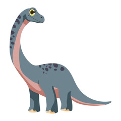 A cartoon dinosaur with a big head and a long neck. It has a big smile on its face