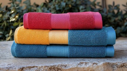 Cozy towel setup featuring soft cotton textures vibrant colors isolated on a stone surface