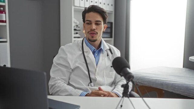 Handsome man in clinic discussing health topics with microphone and laptop in a medical setting displaying a professional work environment for consultations and discussions