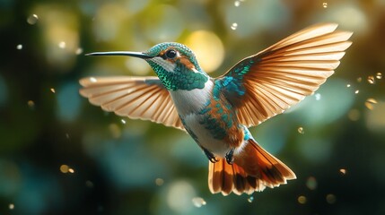 Fototapeta premium A stunning hummingbird in flight, captured in vibrant detail, its wings gracefully outstretched. A masterpiece of nature's design, it dances in the air