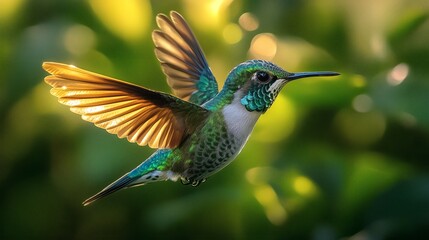 Obraz premium A stunning hummingbird in mid-flight, showcasing its vibrant colors against a bokeh background