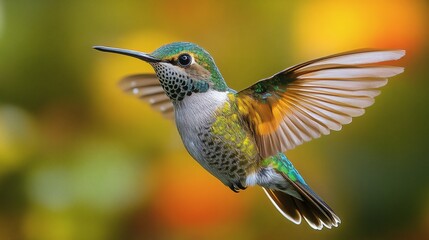 Fototapeta premium Hummingbird in flight, showcasing its iridescent feathers and delicate wings