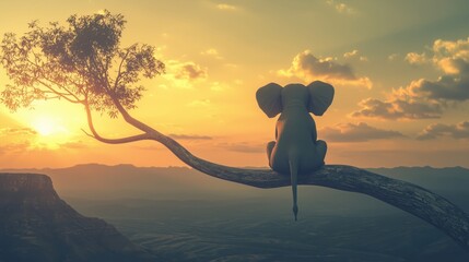 A serene elephant sitting on a tree branch, gazing at a beautiful sunset over the landscape.