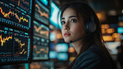 Naklejka premium Femme trader professionnelle sur un parquet boursier – Analyse des marchés financiers en temps réel