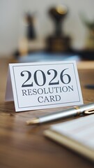 Clean, Minimalist Shot of New Year Planning on Wooden Desk with Silver Pen, Soft Focus, Warm Light, Vertical Composition