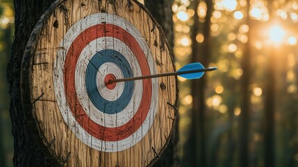 A close-up of a wooden target with an arrow embedded in the center, surrounded by a blurred forest background.