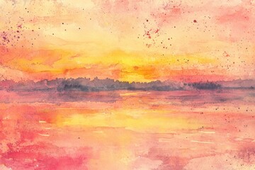 Fototapeta premium Pastel Sunset Watercolor Background. Sunrise Serenade: Soft pastel splatters in shades of pink, orange, and yellow, evoking the peaceful beauty of a sunrise over the horizon. MZ