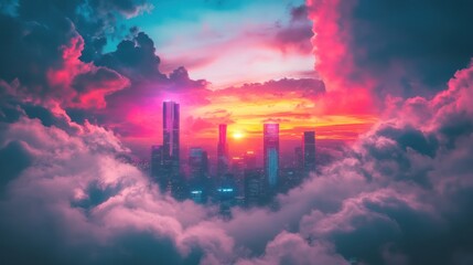 Obraz premium City afloat in clouds, vibrant sunset, futuristic cityscape