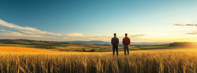 Two Men in Wheat Field at Sunset