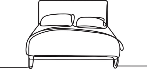 Minimalist line art of bed with headboard and pillows in simple design