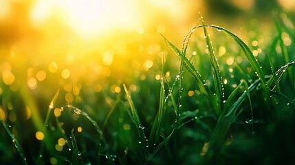 Dew-kissed grass bathed in golden sunrise light