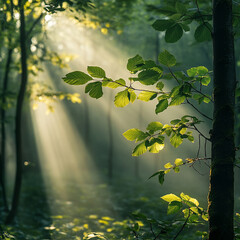 Sunlight shining through leaves in a misty forest