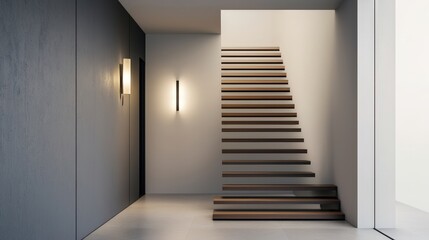 Obraz premium Luxury home minimalist and exclusive, A modern interior featuring a sleek staircase with wooden steps, illuminated by stylish wall sconces in a minimalist setting.