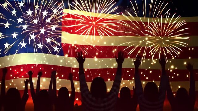 American flag celebration with fireworks and crowd silhouette Happy 4th of July, Independence Day USA