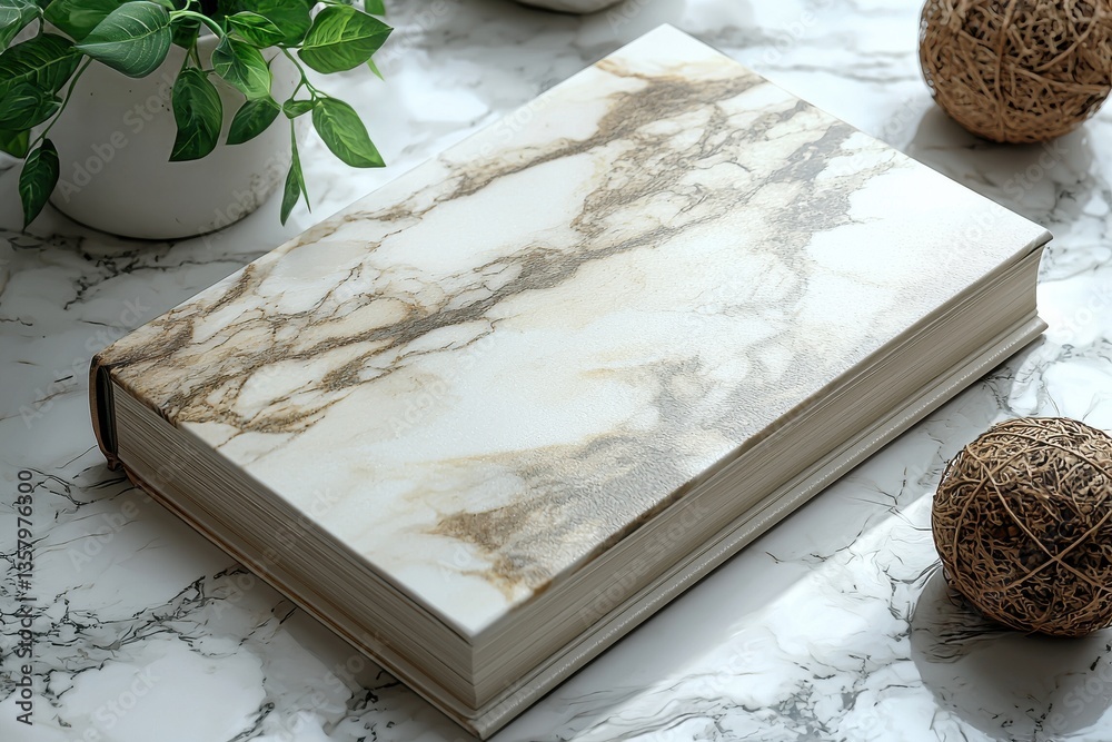 Aufkleber elegant marble-patterned book placed on a decorative table with natural elements