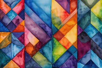 Fototapeta premium Bright Geometric Watercolor Border with Colorful Shades and Creative Textures on Canvas