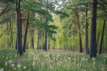Soft Light, Green and Brown Tones, Tranquil Spring Scene with Dandelions and Pine Trees