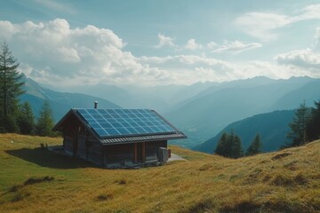 Solar cabin in the mountains showcases sustainable living with stunning views of the valley and distant peaks in the afternoon light