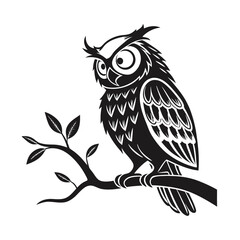 Owl Sitting on a Branch - Black and White Vector Illustration