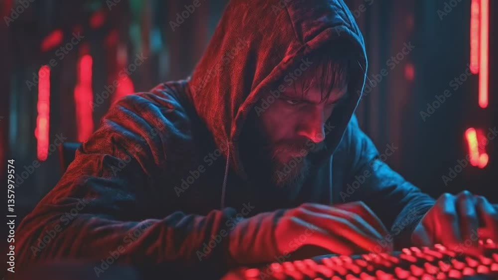 Poster A cybersecurity expert with a hood is intently focused on a glowing keyboard in a dimly lit environment.
