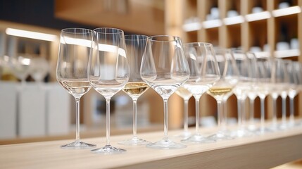 Empty wine glasses lined up on a light wooden bar