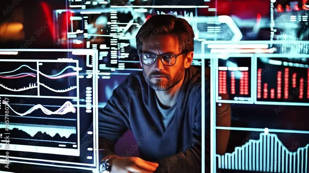 Aufkleber A cybersecurity professional analyzes potential data breaches while monitoring risk management protocols in a darkened environment.