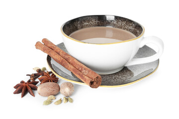Aromatic Masala tea in cup and spices isolated on white