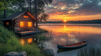 Fototapeta premium Sunset over serene lakeside cabin with canoe