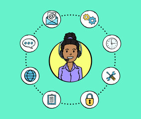 Avatar of a smiling businesswoman with headphones. Around the character are icons of a clock, a padlock, an email, a notebook, a globe, a comment bubble, and a gear. Illustration in doodle style.
