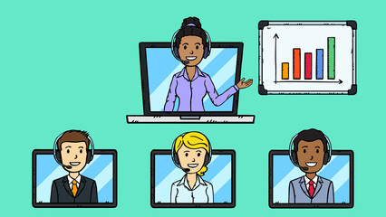 Smiling businesswoman on laptop at flipchart. Below on tablets are photos of colleagues from work. Virtual team meeting. Online chat. Illustration graphics in sketch style.	
