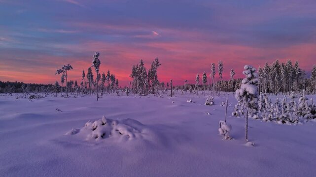Drone coucher de soleil sur une plaine et for&ecirc;t Laponie Finlandaise