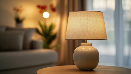 Warm White Ceramic Table Lamp with Textured Lampshade in Living Room Interior