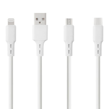 white cable for charging and synchronization with Type - C, USB, Micro USB, Lightning connectors on a white isolated background close-up