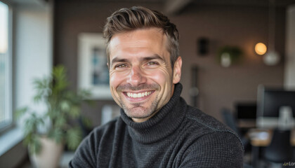 Obraz premium Portrait headshot photo of diverse friendly people: A smiling man with a neatly styled haircut and stubble looks directly at the camera while wearing a dark turtleneck sweater.