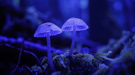 Fototapeta premium Enchanted Blue Mushrooms: Fantasy Forest Macro Photography
