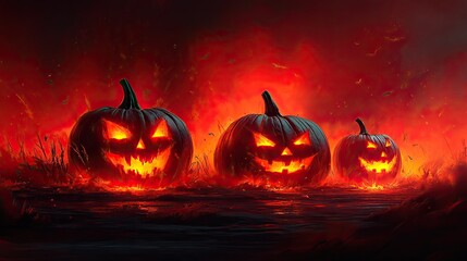 Fototapeta premium Fiery Halloween jack-o'-lanterns glow brightly in a dark field. Perfect for spooky season designs, Halloween cards, or websites.