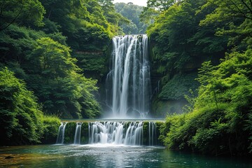 Fototapeta premium Enchanting Waterfall Cascading Through Lush Greenery in a Serene Landscape