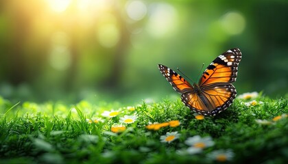 Naklejka premium Orange butterfly on lush green grass with daisies, bathed in sunlight. Ideal for nature, spring, or environmental themes; evokes peace and tranquility.
