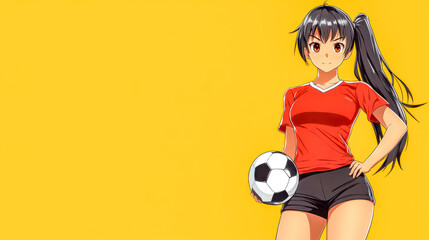 Determined anime soccer player holding ball on yellow background