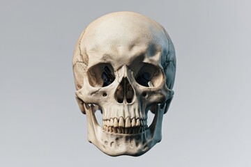 Fototapeta premium Anatomical Skull Model with Pills in Eye Sockets, Studio Lighting, Grey Backdrop, Detailed Texture, Pale Off-White, Macabre Theme, Medical Symbolism
