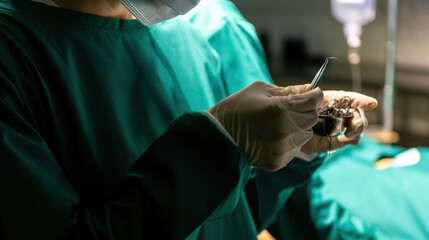 professional surgeon preparing medical suture nylon to stitch patient wound. emergency nurse ready...