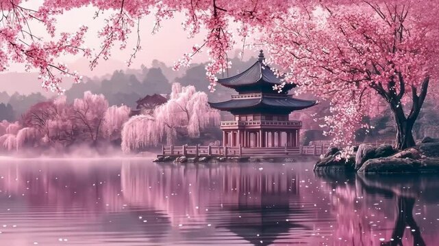 Serene cherry blossom lake scene with traditional asian pavilion at sunrise