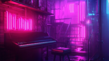 A piano sits beneath neon signs in a dimly lit room